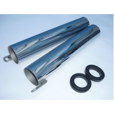 KRYTY PŘEDNÍHO TLUMIČE (PLÁŠTĚ) - CHROMOVANÉ - S GUMAMI - (DÉLKA 280MM) - JAWA/ČZ 125,175,250/ 450,453,455 + 356,355